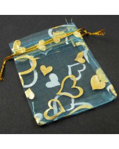 Organza Bags - Small Turquoise with Gold Heart (Pack of Ten)