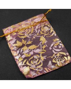 Organza Bags - Small Pink with Large Gold Flower (Pack of Ten)