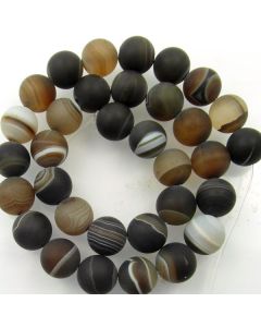 Brown Striped Agate 12mm FROSTED Round Beads