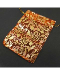 Organza Bags - Large Orange with Gold Flower Pattern (Pack of Ten)