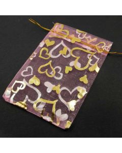 Organza Bags - Large Pink with Gold Heart Pattern (Pack of Ten)