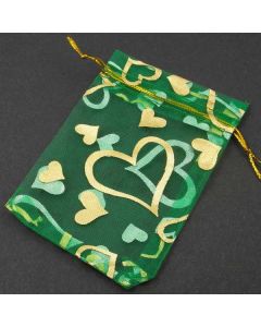 Organza Bags - Small Emerald Green with Gold Heart (Pack of Ten)