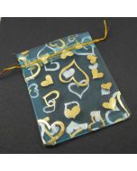 Organza Bags - Turquoise with Gold Heart Pattern 10x12cm approx. (Pack of Ten)