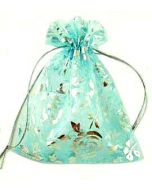 Organza Bags - Aqua with Silver Flower Pattern (Pack of Ten)